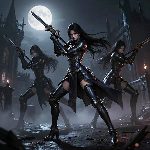 Digital artwork of three dark-clad, long-haired women with swords, standing in a misty, moonlit gothic city, ready for battle.
