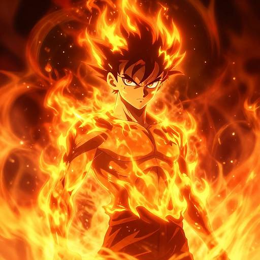 Dynamic anime-style digital artwork of a fierce, dark-haired male character engulfed in bright, intense orange-yellow flames, with glowing eyes and a determined expression