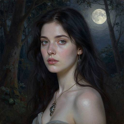 Digital painting of a pale, green-eyed woman with long dark hair, wearing a necklace, under a full moon in a dark forest.