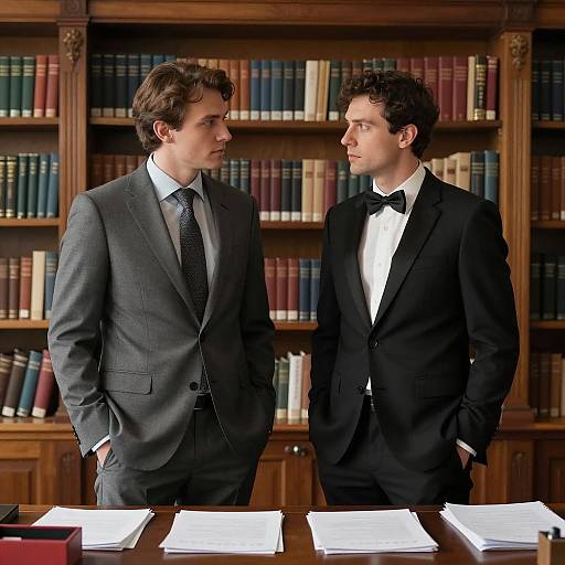 Serious Men in Suits in Library