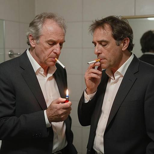 Two Men Lighting Cigarettes in Bathroom