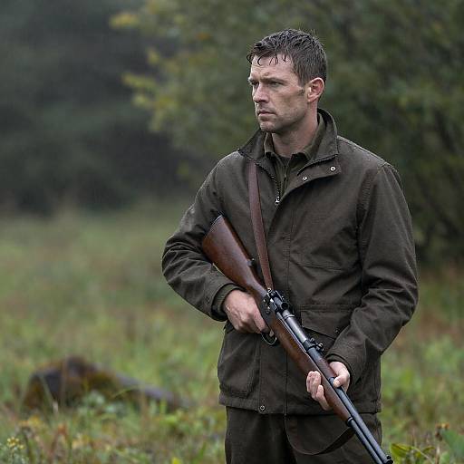 Serious Man With Rifle In Rain