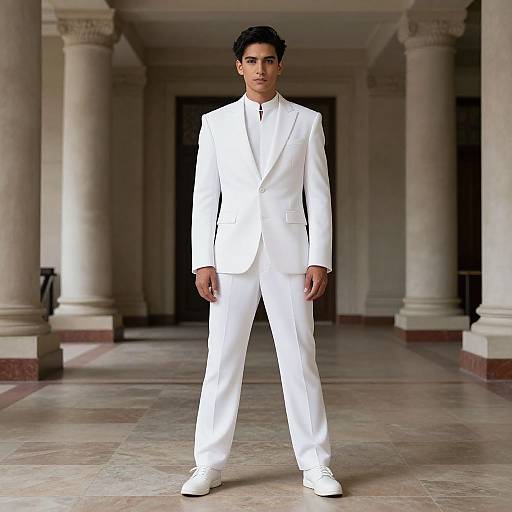 Man in White Costume Among Columns