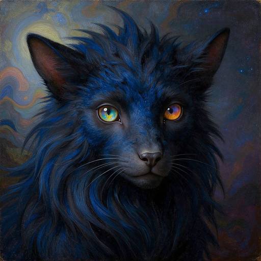 Digital painting of a mystical, blue-furred cat with heterochromatic eyes (one green, one orange) against a swirling, cosmic background.