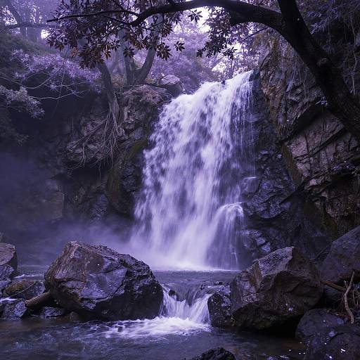 Serene Purple Waterfall Fantasy Scene