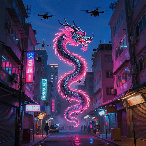 Neon Noir Cybernetic Dragon in Hong Kong