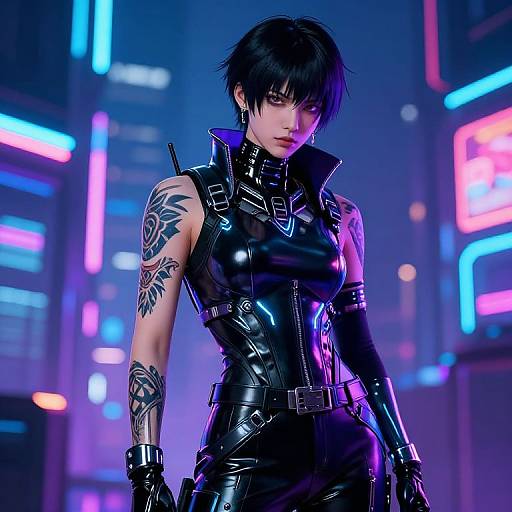 Cyberpunk woman with black short hair, tattoos, and black latex outfit, standing in a neon-lit cityscape. Photorealistic CGI.