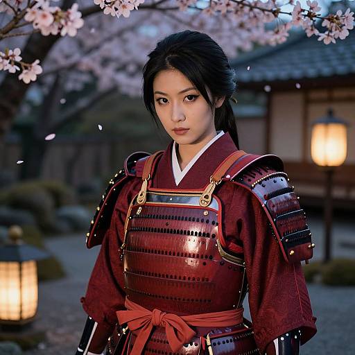 Photograph of an Asian woman in traditional red samurai armor, standing under cherry blossom trees at dusk, with soft lantern light.