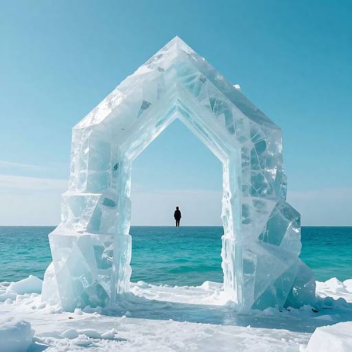 Photograph of a transparent, ice arch-shaped structure on a sunny beach, with a single, small silhouette of a person standing in the background. Clear
