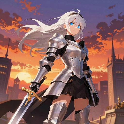 Epic Anime Female Knight at Sunset