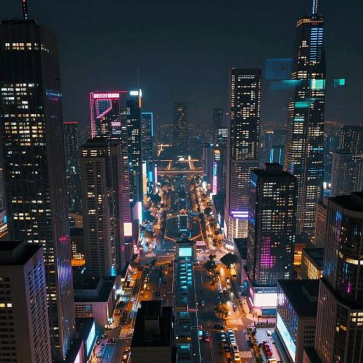 Aerial night photograph of a bustling cityscape with brightly lit skyscrapers, neon signs, and glowing streetlights, showcasing vibrant urban energy.