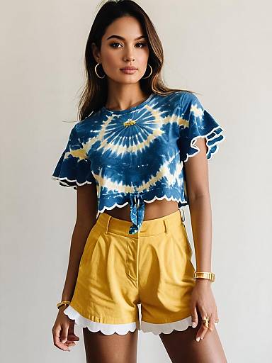 Woman in Blue Tie-Dye Crop Top and Yellow Shorts