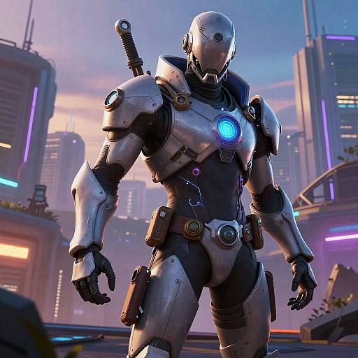 CGI image of a futuristic, silver, armored robot with glowing blue chest and shoulder lights, standing in a neon-lit cityscape.