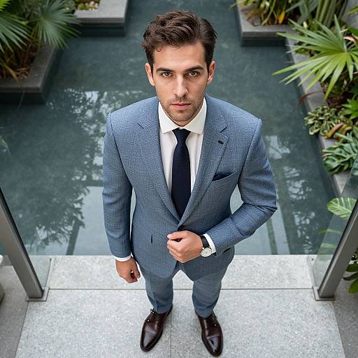 Photograph of a handsome man with dark hair, blue checkered suit, white shirt, black tie, and brown shoes, standing in a modern,