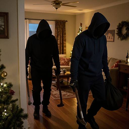Photograph: Two hooded burglars in black clothing, holding guns, carrying a bag, silhouette against warmly lit, Christmas-decorated living room