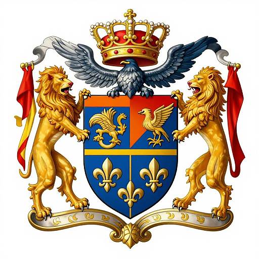Colorful, detailed heraldic coat of arms with golden lions, blue shield, eagle, crown, and red flags, set against a white background.