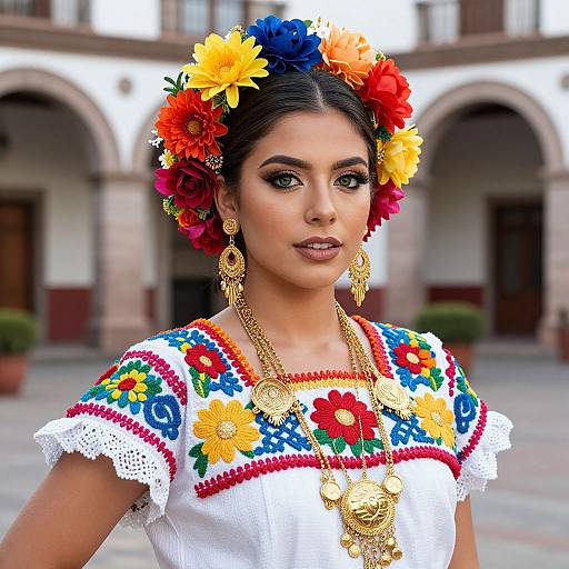 Photograph of a Latina woman with dark hair, wearing a colorful floral headpiece, embroidered white blouse, and gold jewelry, standing in front of an