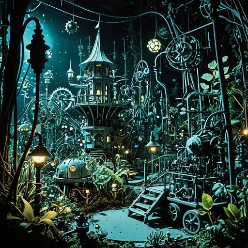 Enchanted Mechanical Garden with Bioluminescent Plants