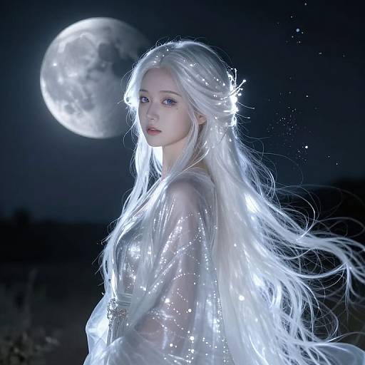 Photorealistic digital artwork of a pale, ethereal woman with glowing white hair and sparkles, standing under a bright full moon.
