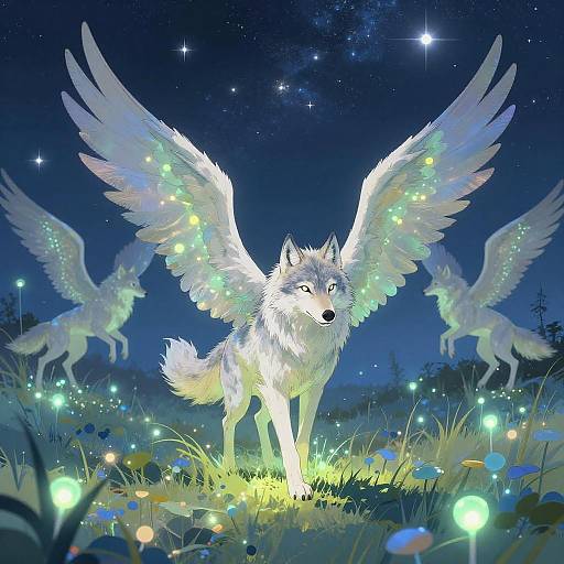 Bioluminescent Meadow of Dancing Winged Wolves