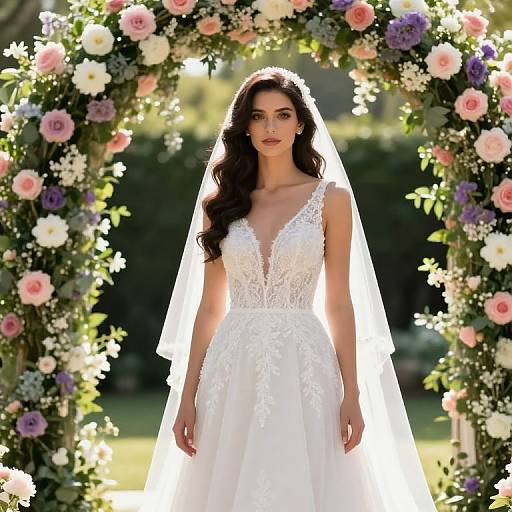 Photograph of a beautiful brunette bride in a white lace wedding dress with deep V-neck, standing under a flower arch, sunlight illuminating her, surrounded
