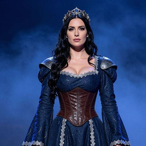 Photograph of a fair-skinned woman with long black hair, wearing a blue medieval-style dress with lace, brown corset, and silver tiara