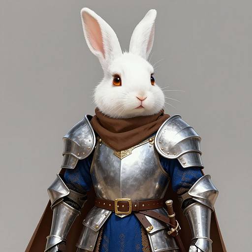 Digital illustration of a white rabbit in silver medieval armor with a brown cloak, standing against a gray background.