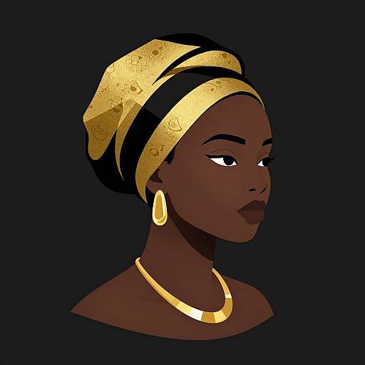 Digital portrait of a dark-skinned woman with gold headwrap, earrings, and necklace, against a black background, exuding elegance and pride.