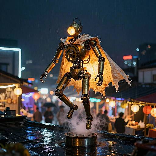 Clockwork Lanternbearer Over Neon Rooftops