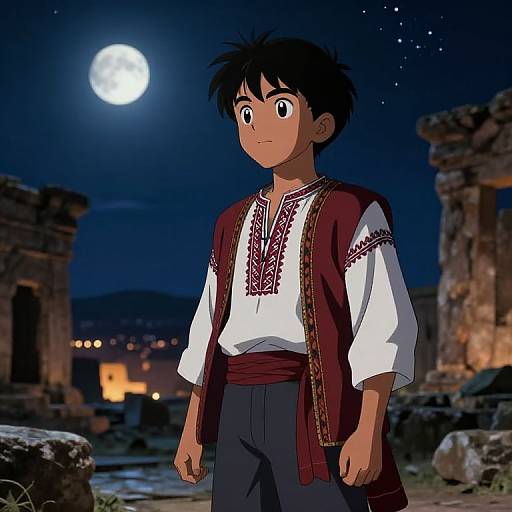 Anime-style illustration of a young boy with dark hair, wearing a white shirt, red vest, and black pants, standing under a moonlit night sky