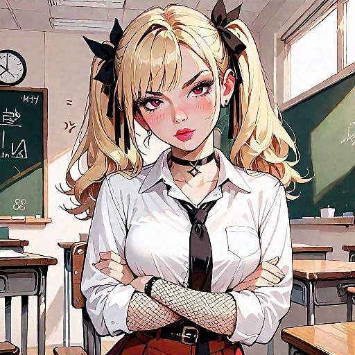 Digital anime-style drawing of a blonde girl with twin pigtails, black bows, white shirt, black tie, fishnet gloves, and choker
