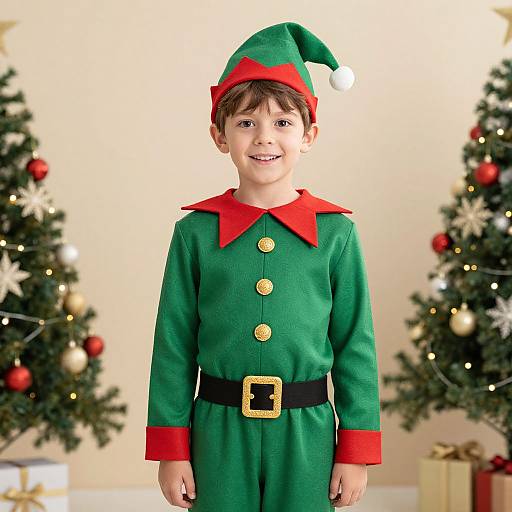 Photograph of a smiling young boy in a green elf costume with red collar and hat, standing between two decorated Christmas trees.