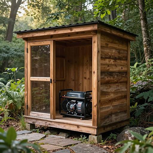 Photograph of a rustic wooden outdoor shed with a black portable air conditioner inside, set on a stone path in a lush, sunlit forest.