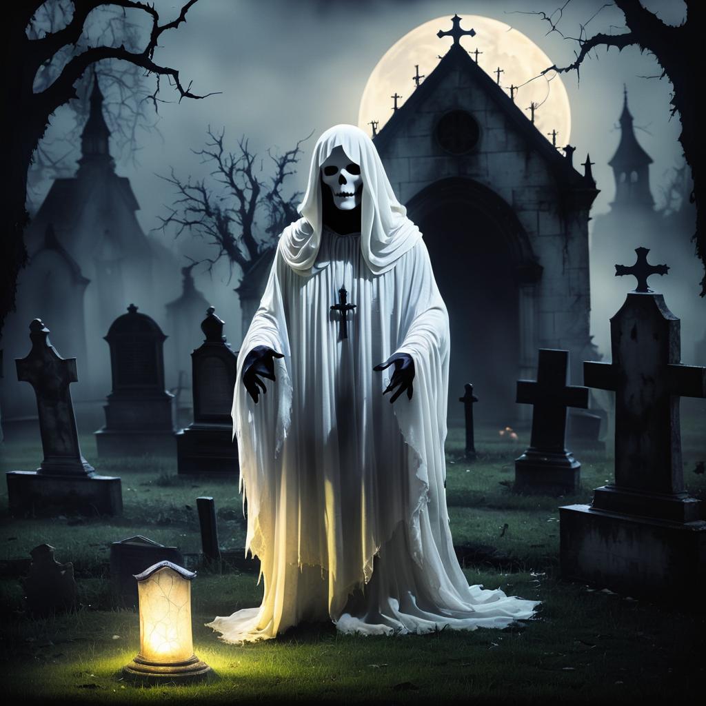 Eerie Halloween Ghost in Graveyard Scene