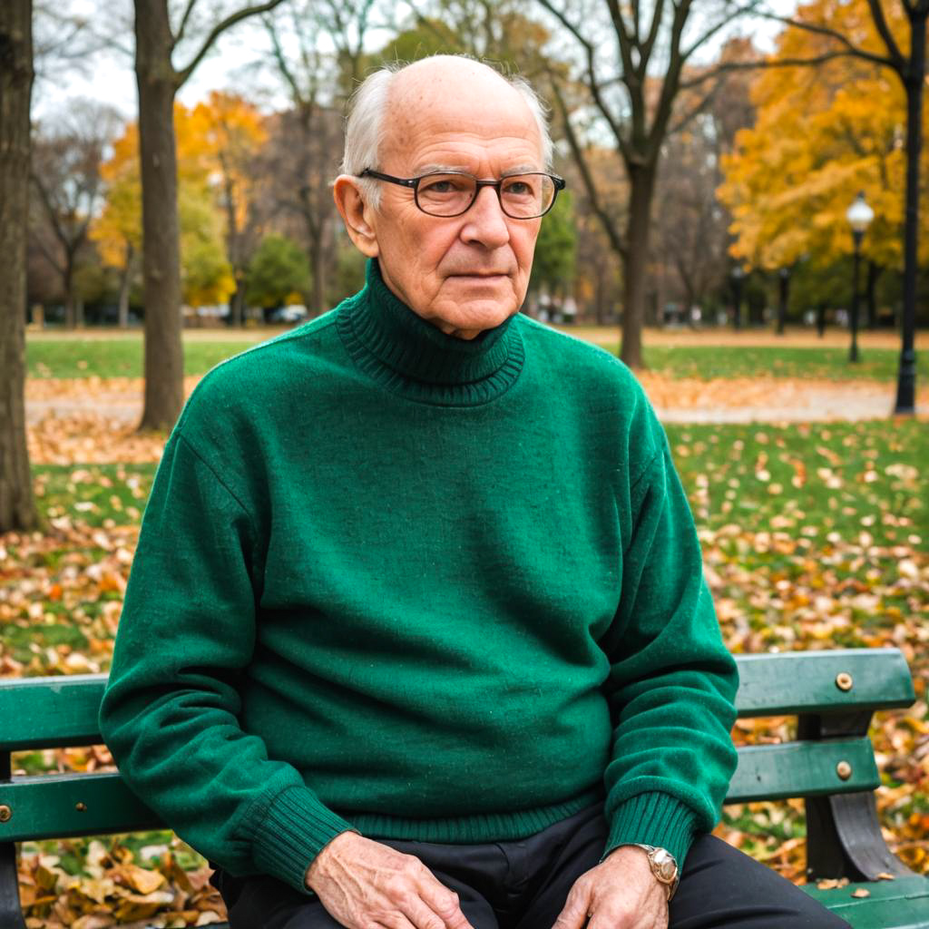 Elderly Man in Green Sweater at Park