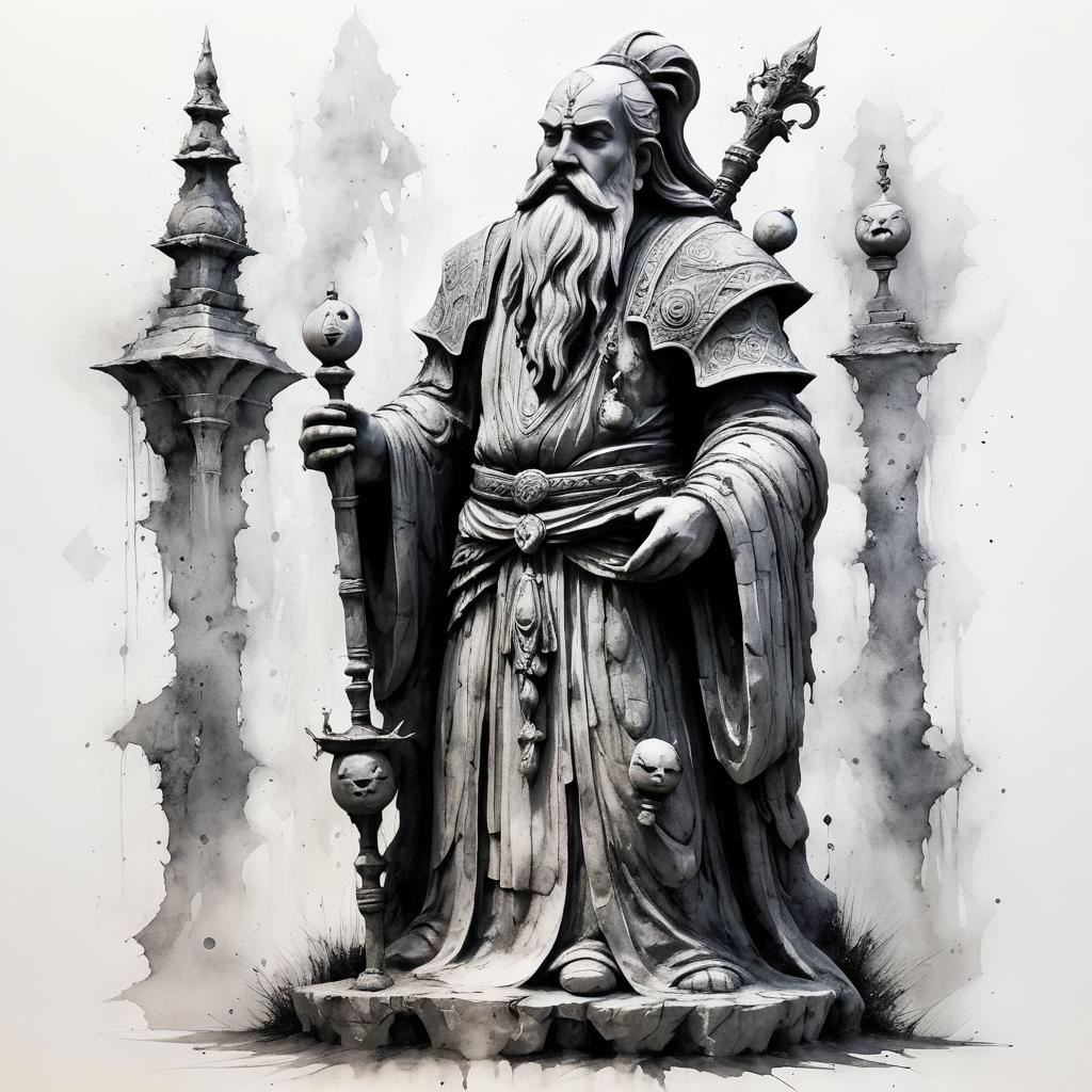 Three-Faced Bard Statue in Grimdark Style