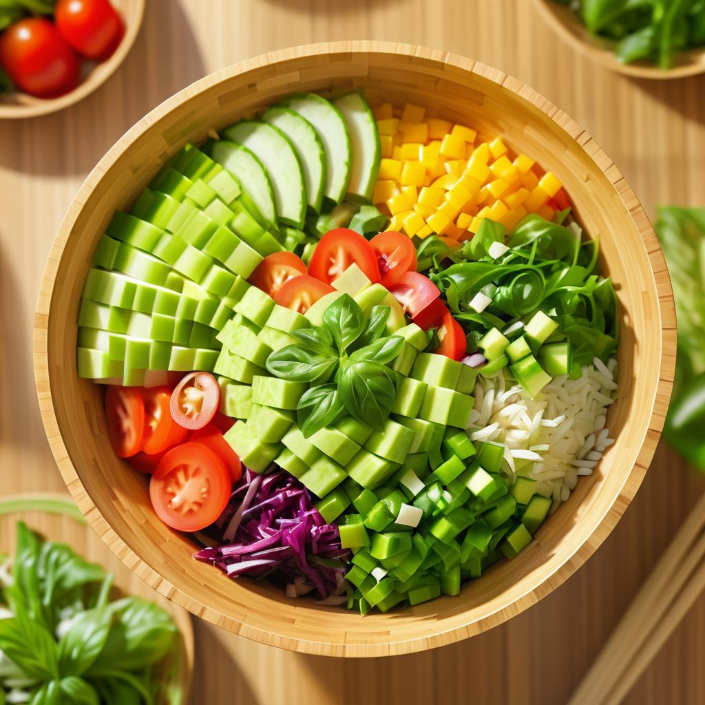 Vibrant Calligraphy Salad in Bamboo Bowl