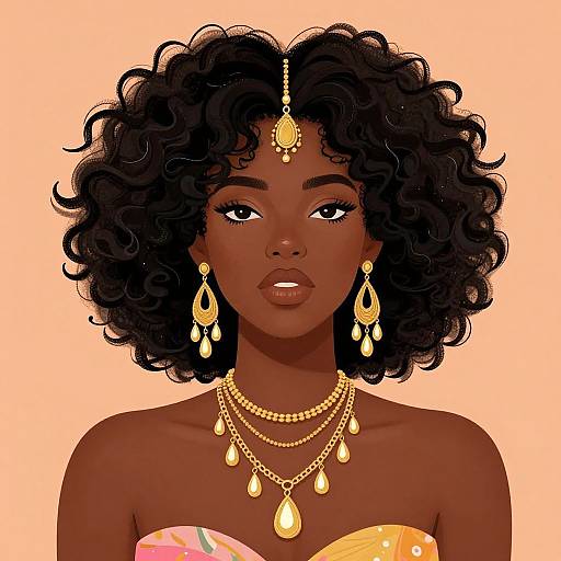 Digital illustration of a dark-skinned, curly-haired woman with gold jewelry, including earrings, necklace, and headpiece, against a peach background. She