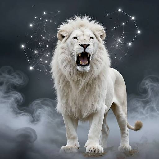 Digital artwork of a roaring white lion with a celestial star constellation background and misty fog at its feet.