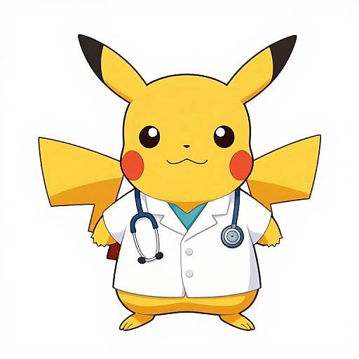 Digital illustration of Pikachu in a white doctor's coat with a stethoscope, standing on two feet, smiling with red cheeks.