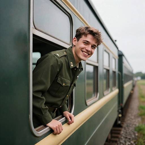 Joyful Young Man on Train Adventure