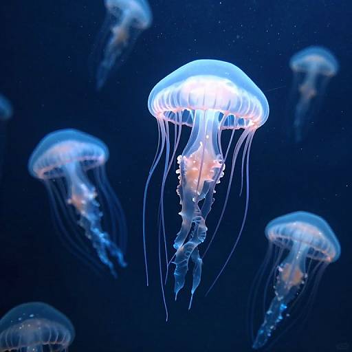 Photograph of glowing blue and orange jellyfish with translucent, flowing tentacles against a dark blue underwater background.
