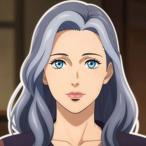 Digital anime-style portrait of a woman with long, flowing blue hair, blue eyes, and fair skin, set against a blurred dark background.