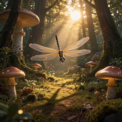 Photograph of a glowing dragonfly with transparent wings hovering above a sunlit forest path, surrounded by large, detailed mushrooms.