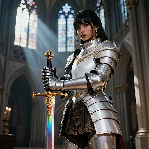 Photorealistic digital artwork of a dark-haired woman in medieval silver armor holding a rainbow-hued sword in a gothic cathedral.