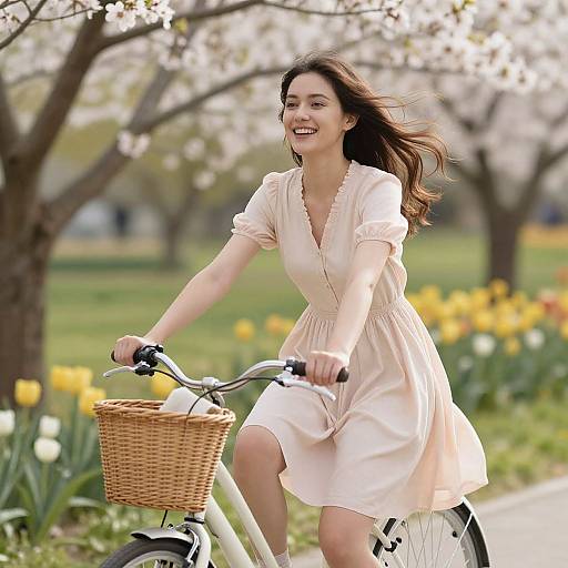 Woman in Blush Dress Riding Through Spring Garden