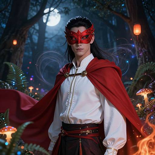 Photorealistic digital art of a mysterious woman with long black hair, red mask, white shirt, red cape, and forest background. Glowing mushrooms