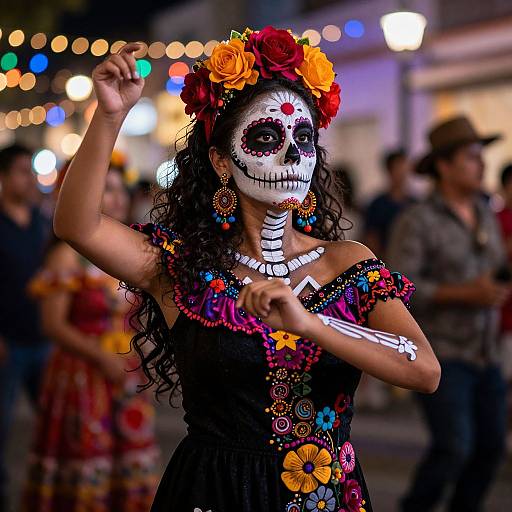 Photograph of a woman with dark skin, curly black hair, and colorful Day of the Dead face paint, wearing a floral crown and vibrant, embroidered