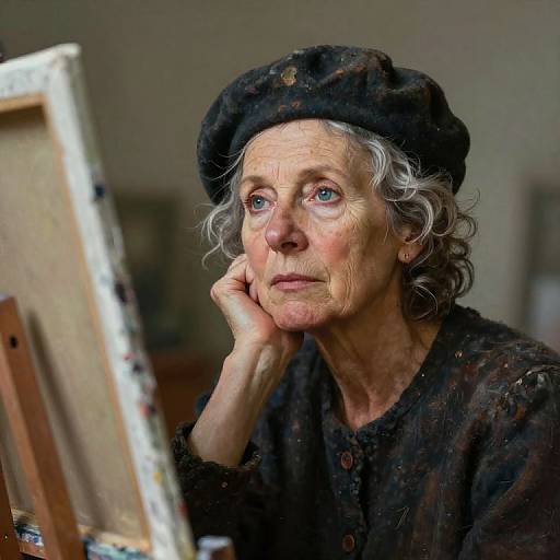 Photograph of an elderly, white-haired woman with blue eyes, wearing a black beret and shirt, thoughtfully resting her chin on her hand at