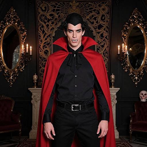 Photograph of a pale, handsome vampire with black hair, red cape, black shirt, and fangs, standing in a dark, ornate room